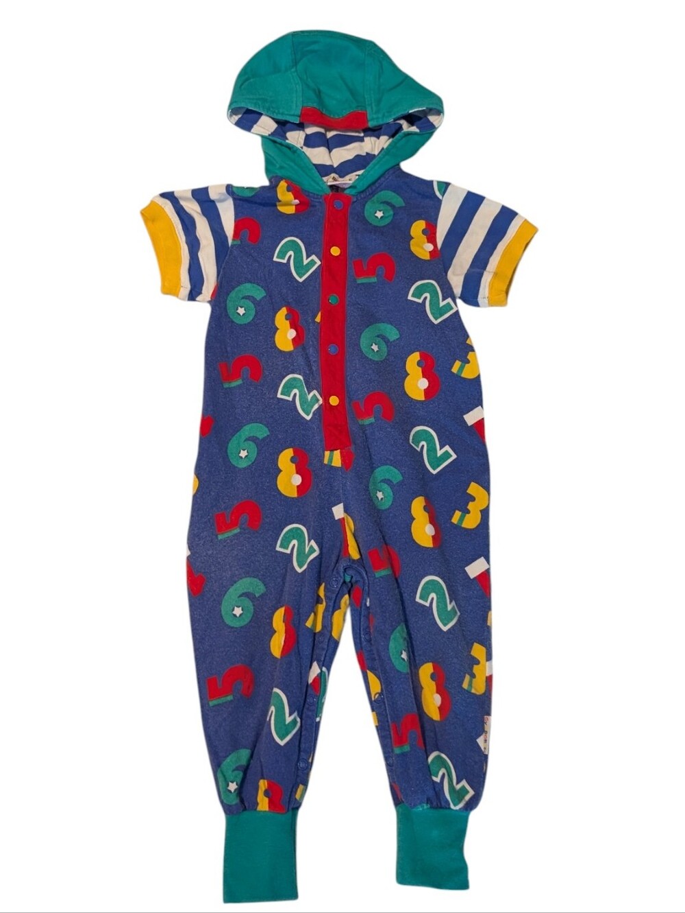 Vintage 1990s Gymboree Rainbow Tag Hooded Romper Jumpsuit Number Print‎ Rare XS